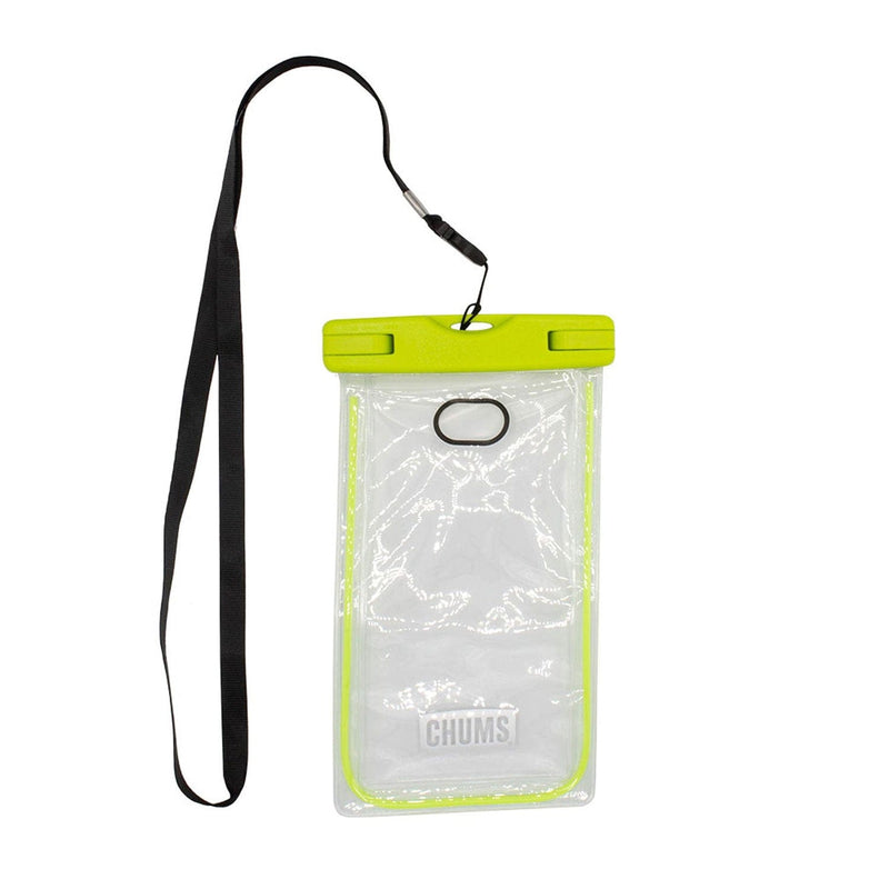Load image into Gallery viewer, Clear phone pouch with green top and black strap on a white background
