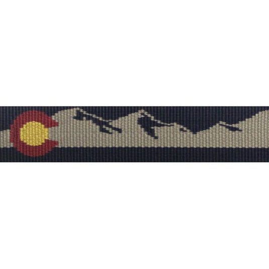 Narrow ribbon with mountain design and red, yellow, and blue colors on a white background