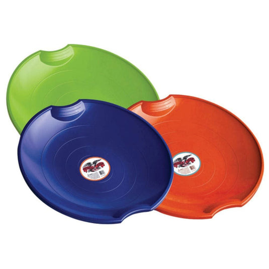 Three colorful plastic discs in green, blue, and orange on a white background