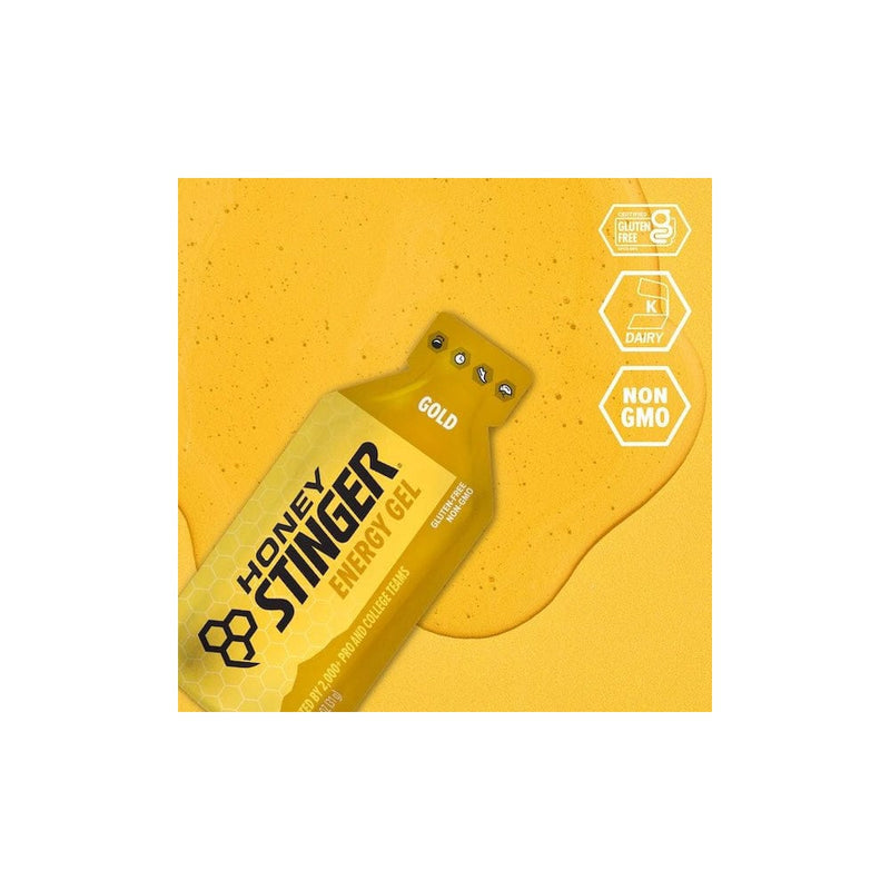 Load image into Gallery viewer, Honey Stinger energy gel package on a yellow background
