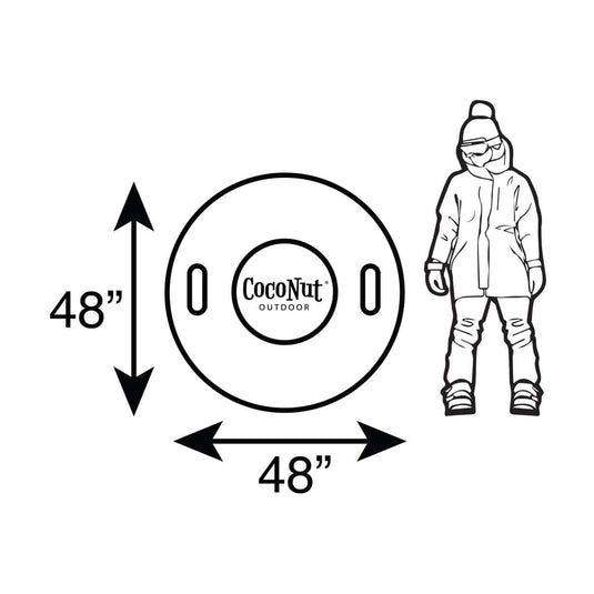 Measurement chart showing a 48-inch diameter disc with a person wearing outdoor gear for scale.