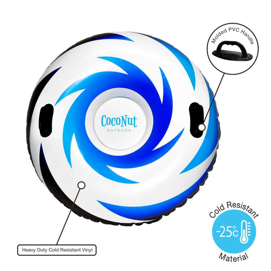 Inflatable tube with blue and white design, featuring CoCoNut Outdoors branding and cold-resistant material label.