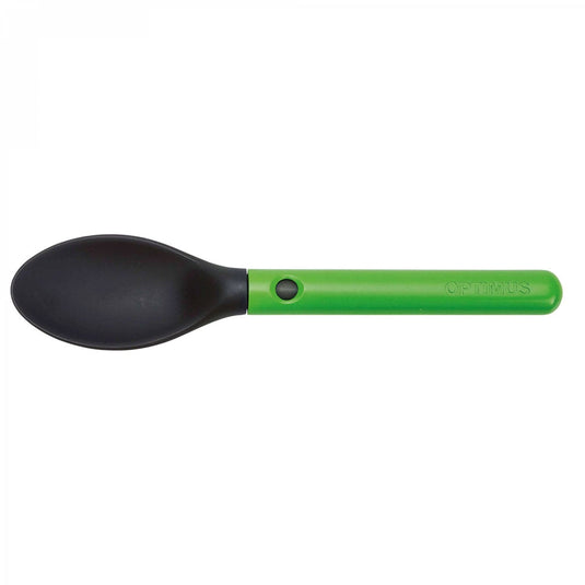 Black spoon with green handle on a white background
