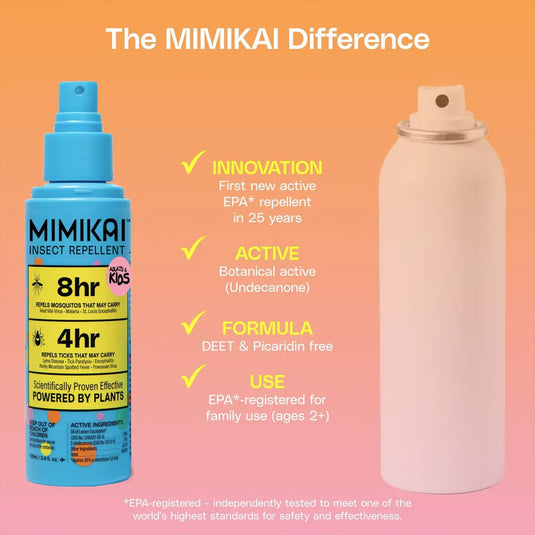 MIMIKAI insect repellent bottles with features listed on a gradient background