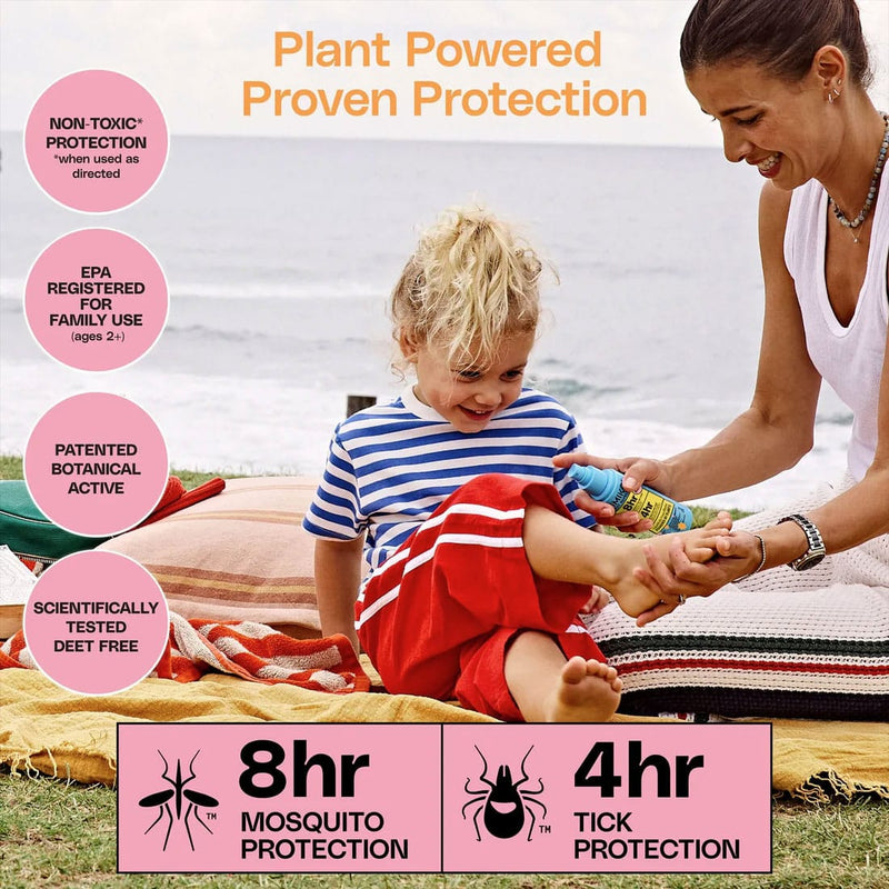 Load image into Gallery viewer, Woman applying insect repellent to a child's foot with product features highlighted.
