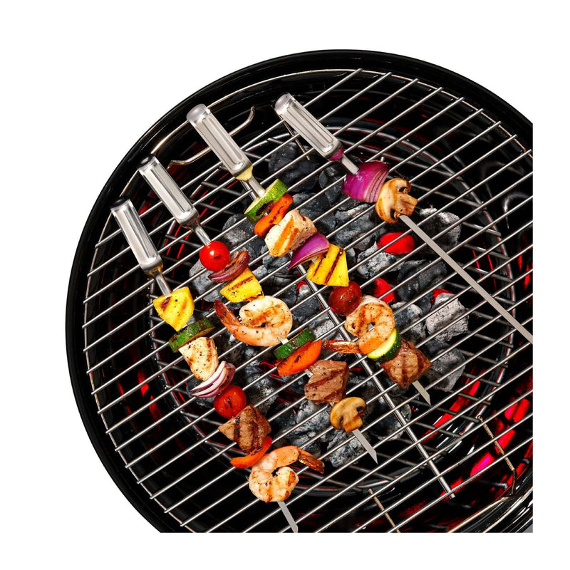 Load image into Gallery viewer, Barbecue grill with skewers of vegetables and shrimp on a white background
