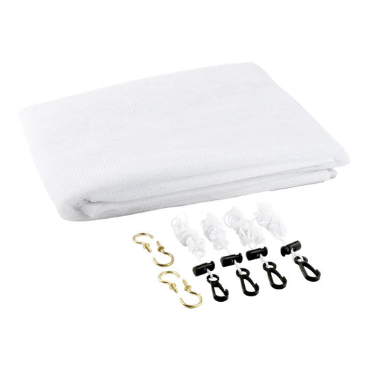 White curtain with hooks and clips on a white background