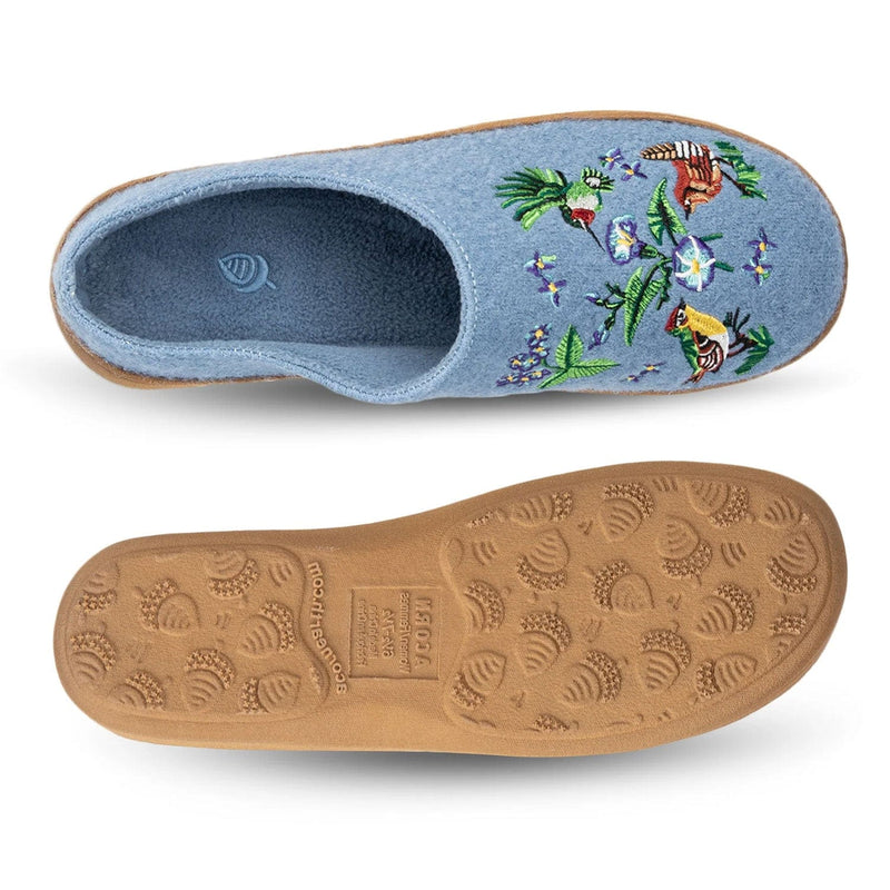 Load image into Gallery viewer, Blue slipper with floral and bird embroidery on a white background
