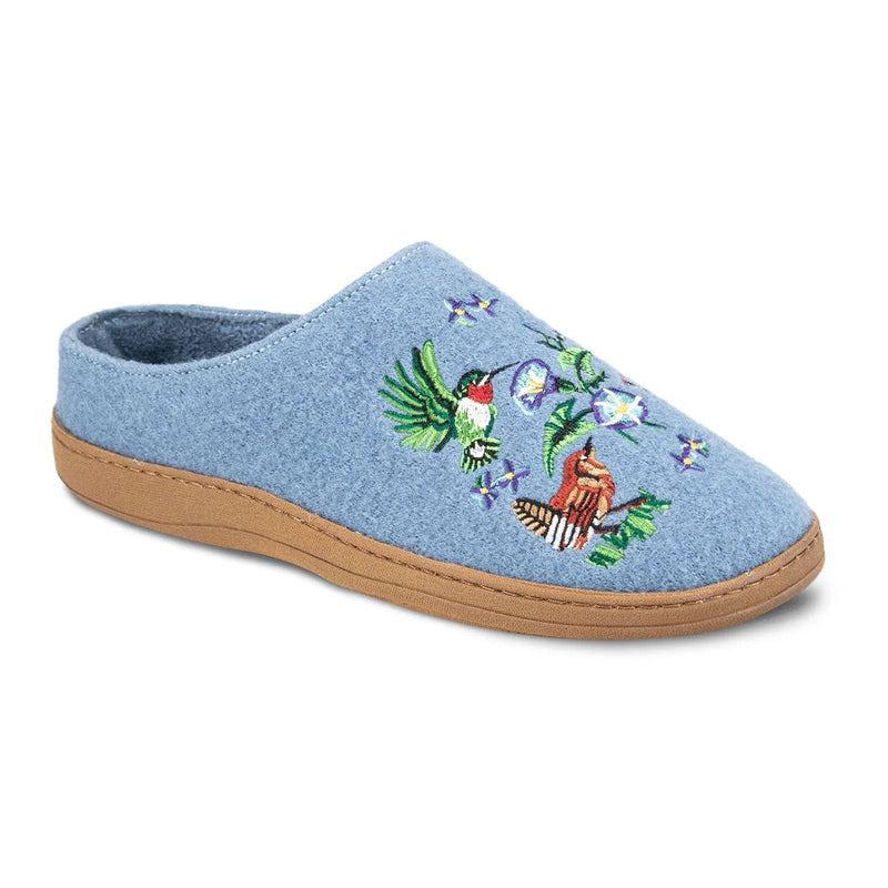 Load image into Gallery viewer, Blue slipper with embroidered design on a white background
