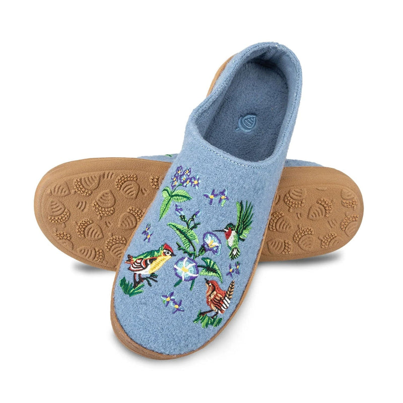Load image into Gallery viewer, Blue slippers with bird and floral embroidery on a white background
