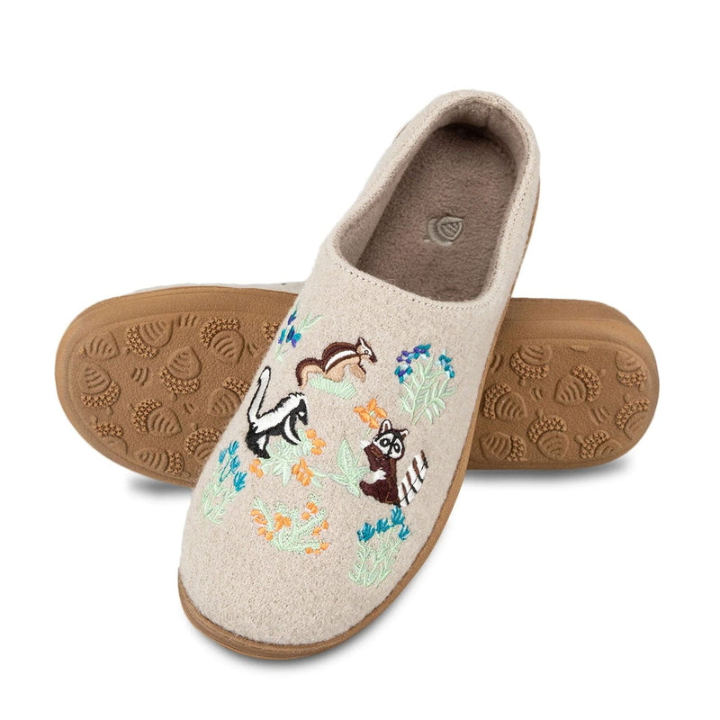 Load image into Gallery viewer, Beige slipper with embroidered animal designs on a white background
