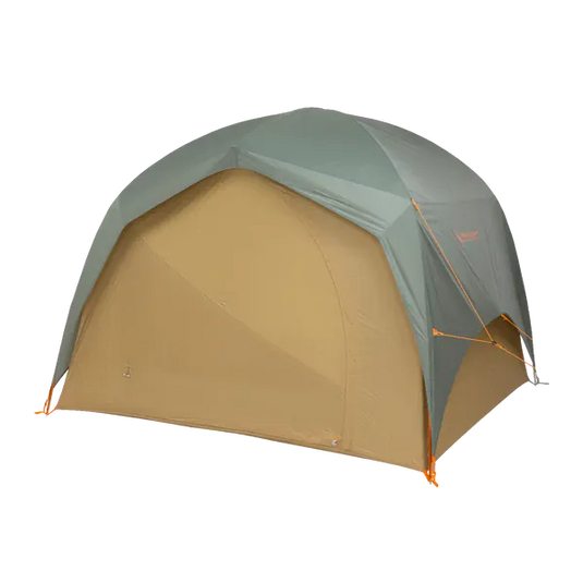 Two-toned camping tent with green and beige colors on a white background