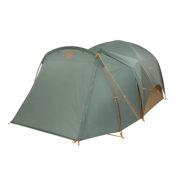 Load image into Gallery viewer, Green camping tent with orange accents on a white background
