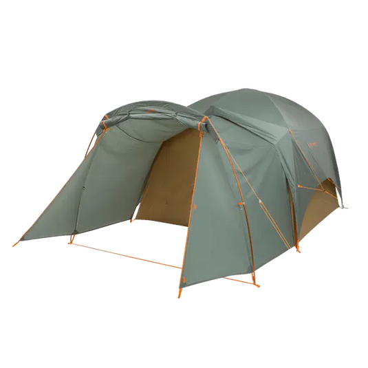 Green camping tent with brown interior on a white background