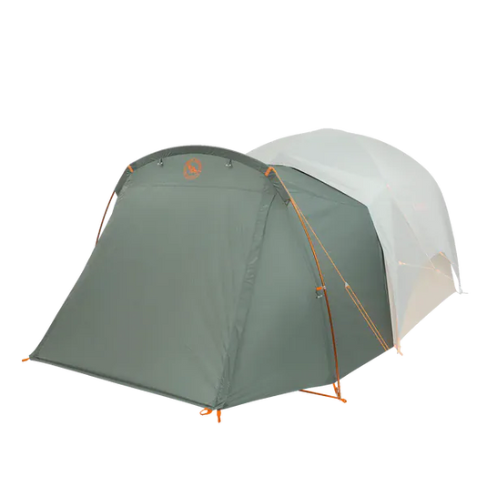 Green and white tent with orange accents on a white background
