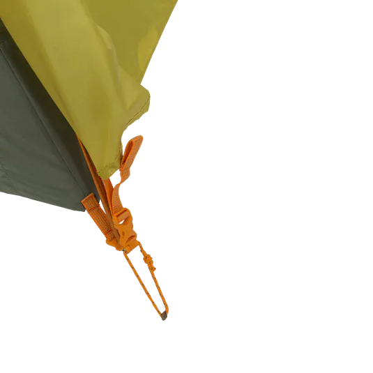 Close-up of a tent with orange guy line on a white background