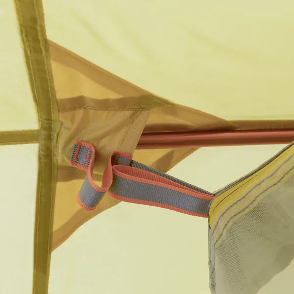 Load image into Gallery viewer, Close-up of a tent's mesh side panel with a zipper and strap.
