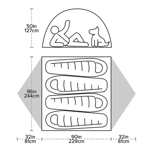 Diagram showing dimensions of a sleeping area with a person and dog, including height, width, and length measurements.