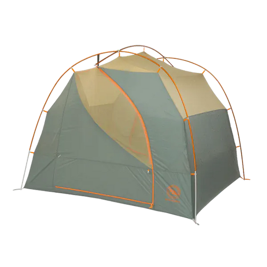Camping tent with green and beige color scheme on a white background