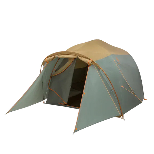 Two-toned camping tent with beige top and green sides on a white background