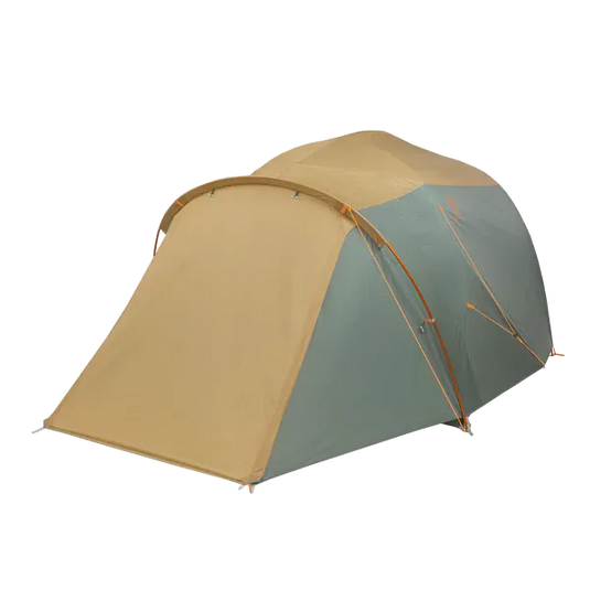 Two-tone beige and green tent on a white background