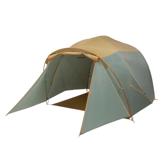 Green and beige tent on a white background