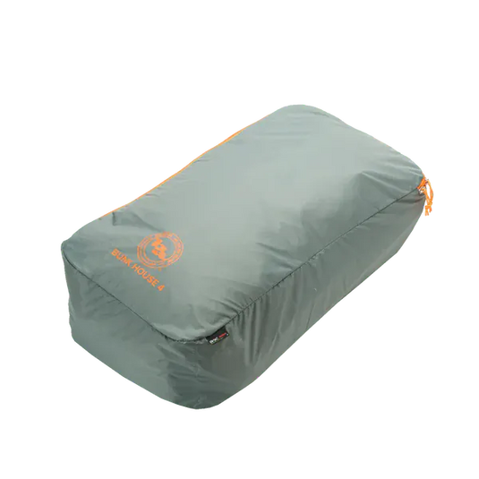 Gray compression sack with orange logo and text on a white background