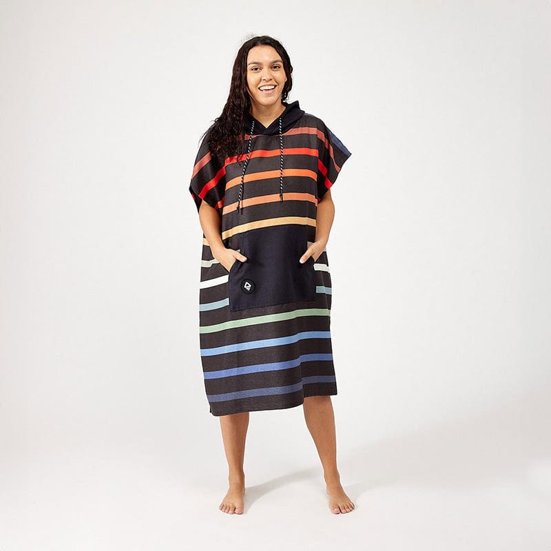 Load image into Gallery viewer, Person wearing a colorful striped poncho on a white background
