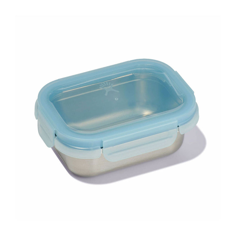 Load image into Gallery viewer, Rectangular glass food container with blue lid on a white background

