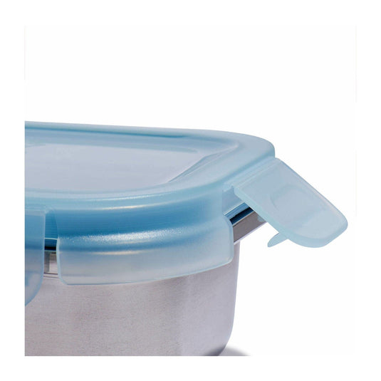 Close-up of a blue silicone lid on a container with a white background