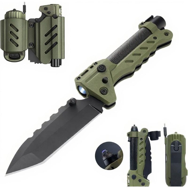 Load image into Gallery viewer, Green tactical knife with sheath on a white background
