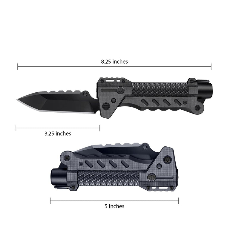 Load image into Gallery viewer, Black folding knife with measurements on a white background
