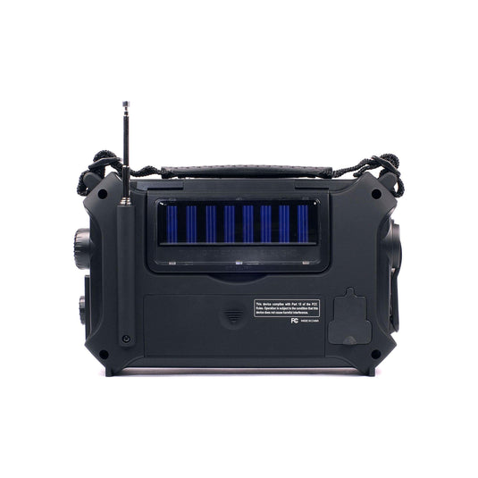 Black portable radio with antenna on a white background