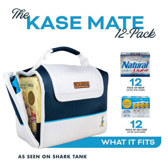 Kanga Kase Mate 12-pack cooler with beer and seltzer boxes on a white background