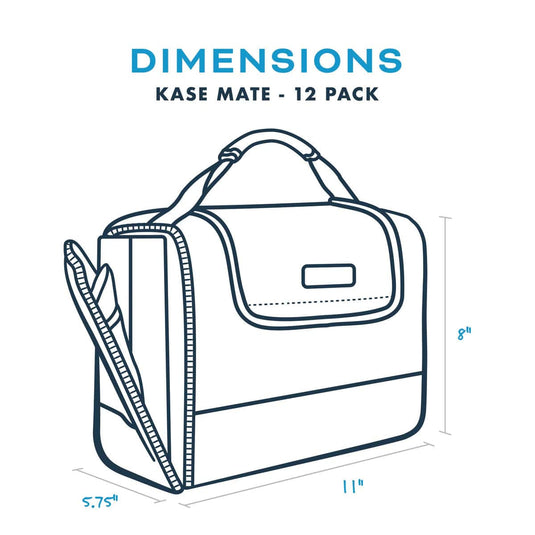 Outline of a Kase Mate 12-pack bag with dimensions on a white background