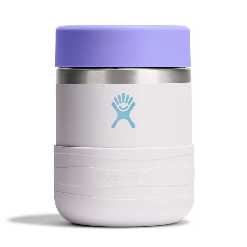 Load image into Gallery viewer, White thermos with purple lid on a white background
