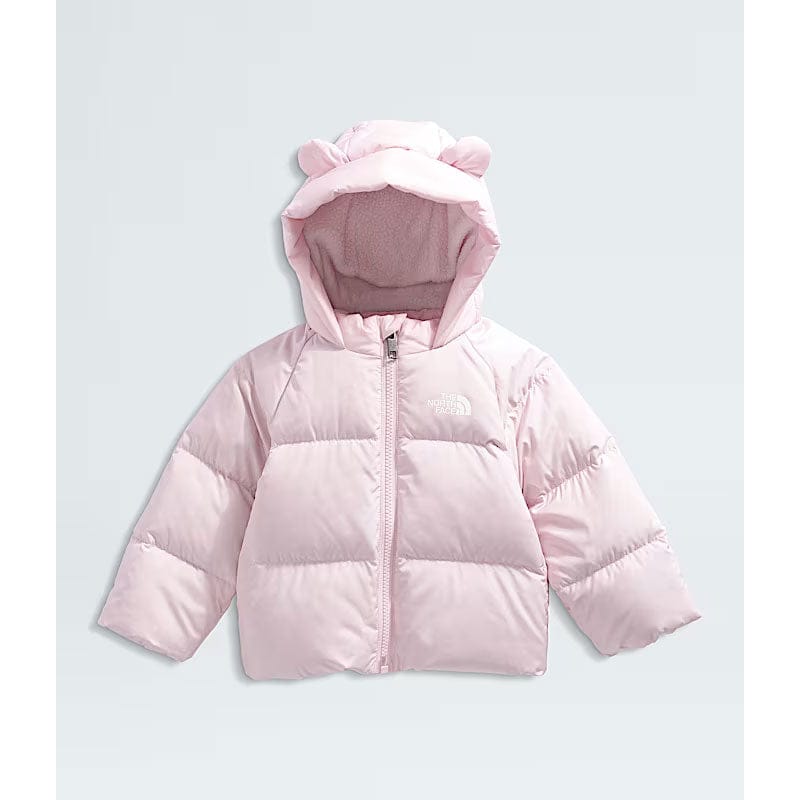Load image into Gallery viewer, Pink puffer jacket with a hood on a light gray background
