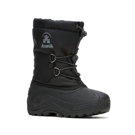 Black Kamik snow boot on a white background