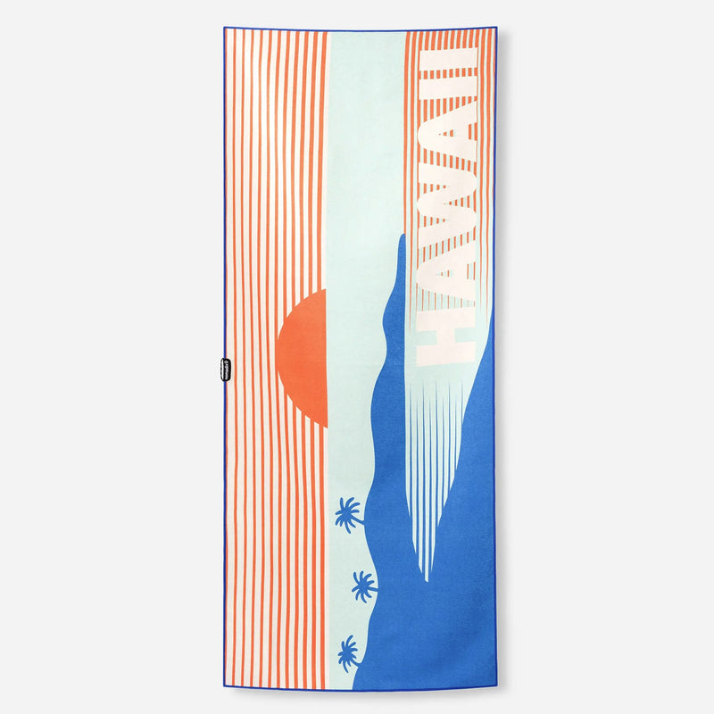 Load image into Gallery viewer, Towel with a tropical design featuring palm trees and a sun, on a white background.
