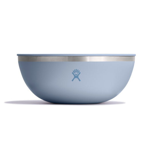 Blue bowl with a silver rim on a white background