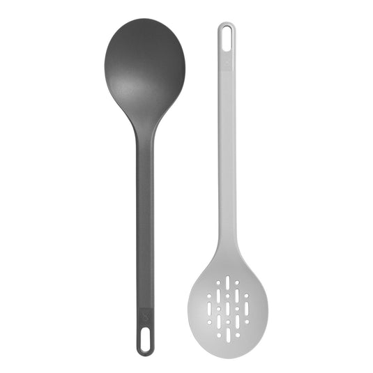 Gray spoon and ladle set on a white background