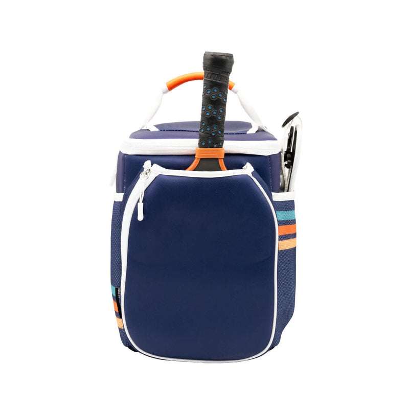 Load image into Gallery viewer, Navy blue tennis bag with a racket on a white background
