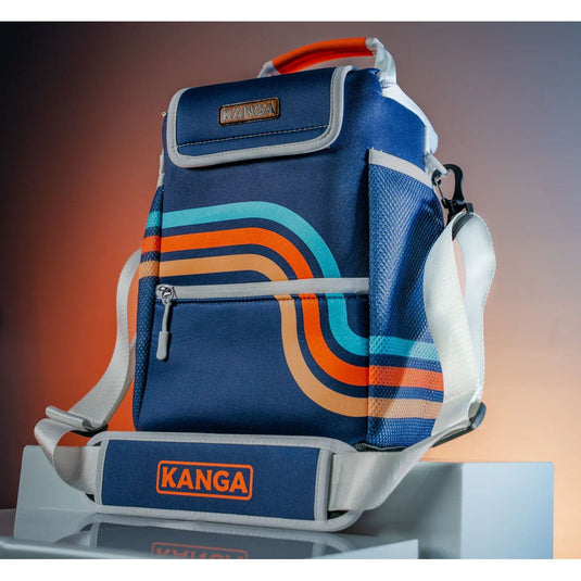 Blue backpack with orange and green stripes and Kanga branding on a gradient background