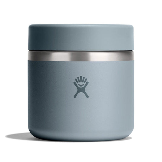 Blue thermos with silver lid on a white background