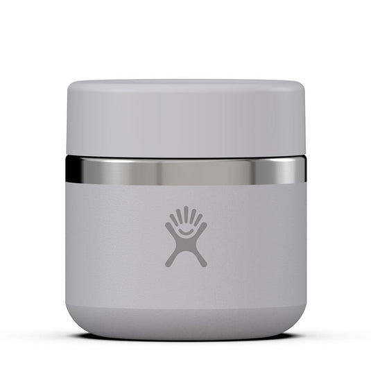 Gray insulated food jar with silver lid on a white background