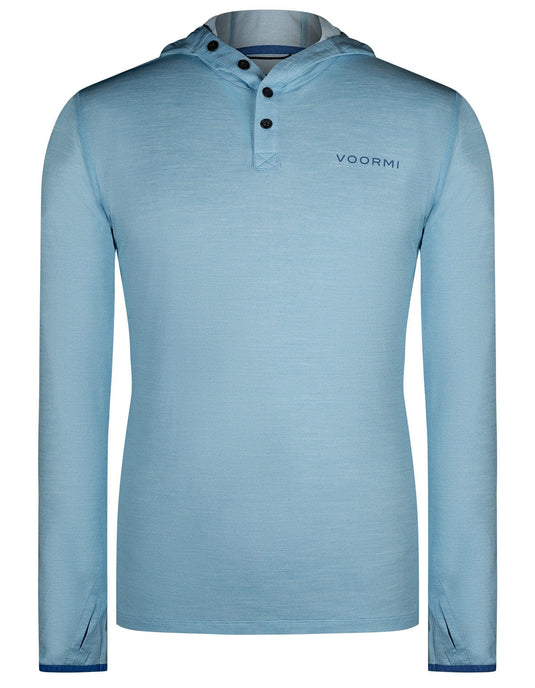 Blue long-sleeve shirt with hood on a white background, featuring the brand 'VOOMI'.