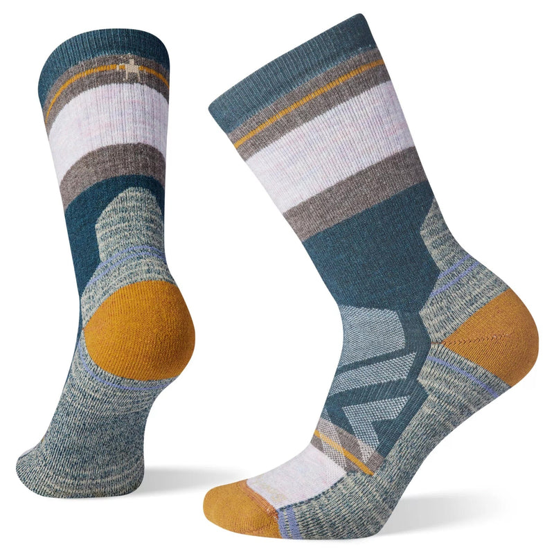 Load image into Gallery viewer, A pair of Smartwool women's hike crew socks with a geometric pattern in shades of purple, red, and gray.
