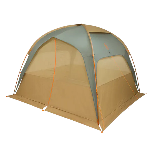 Camping tent with beige and green color scheme on a white background