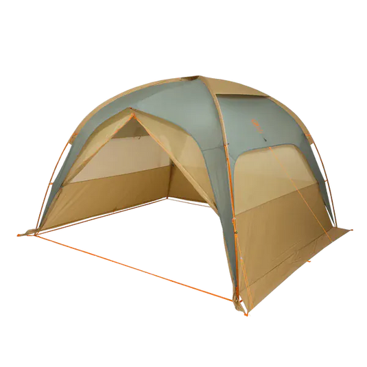 Camping tent with green and brown color scheme on a white background