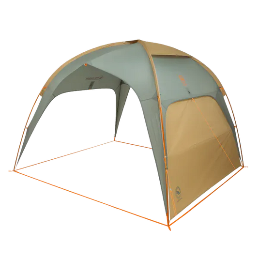 Camping tent with green and brown color scheme on a white background